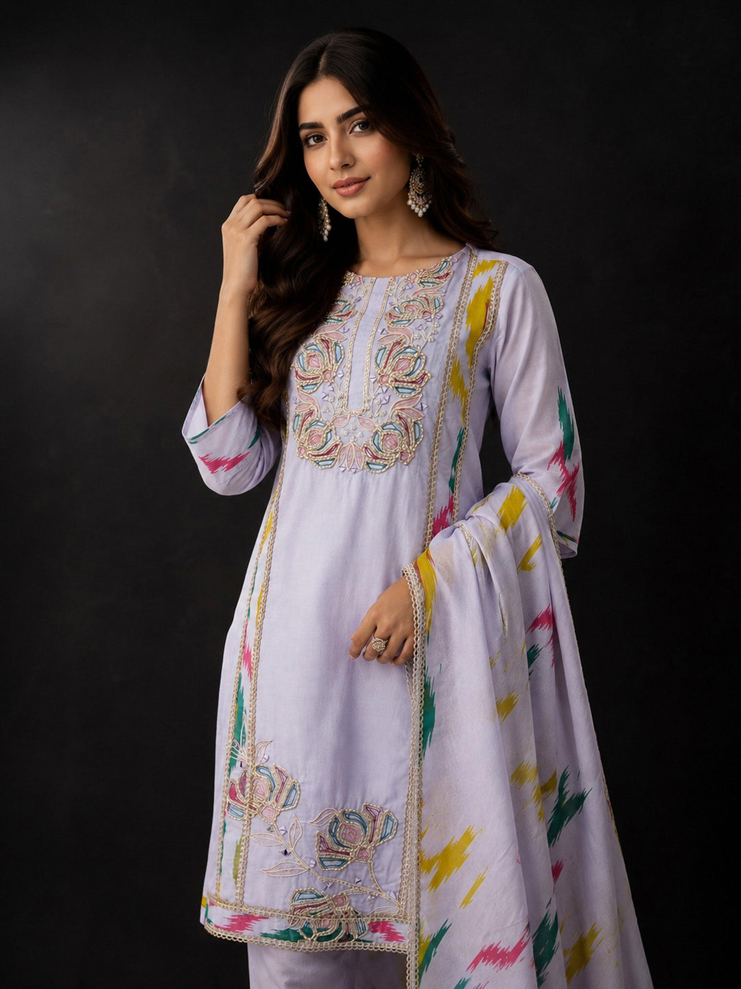 Purple Embroidery Cotton BlendKurta With Pant &amp; Dupatta