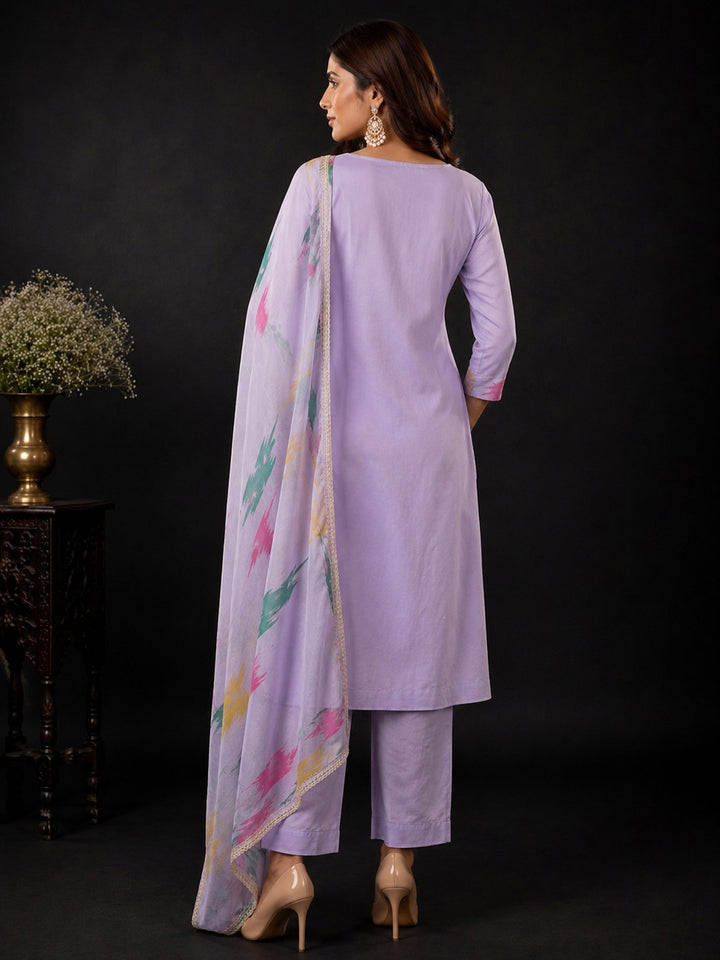 Purple Embroidery Cotton BlendKurta With Pant &amp; Dupatta