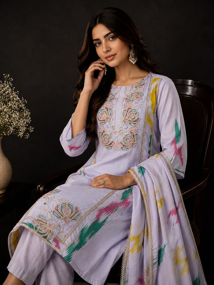Purple Embroidery Cotton BlendKurta With Pant &amp; Dupatta