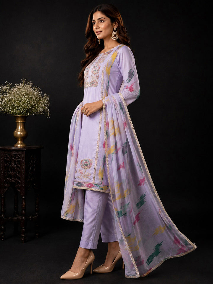 Purple Embroidery Cotton BlendKurta With Pant &amp; Dupatta