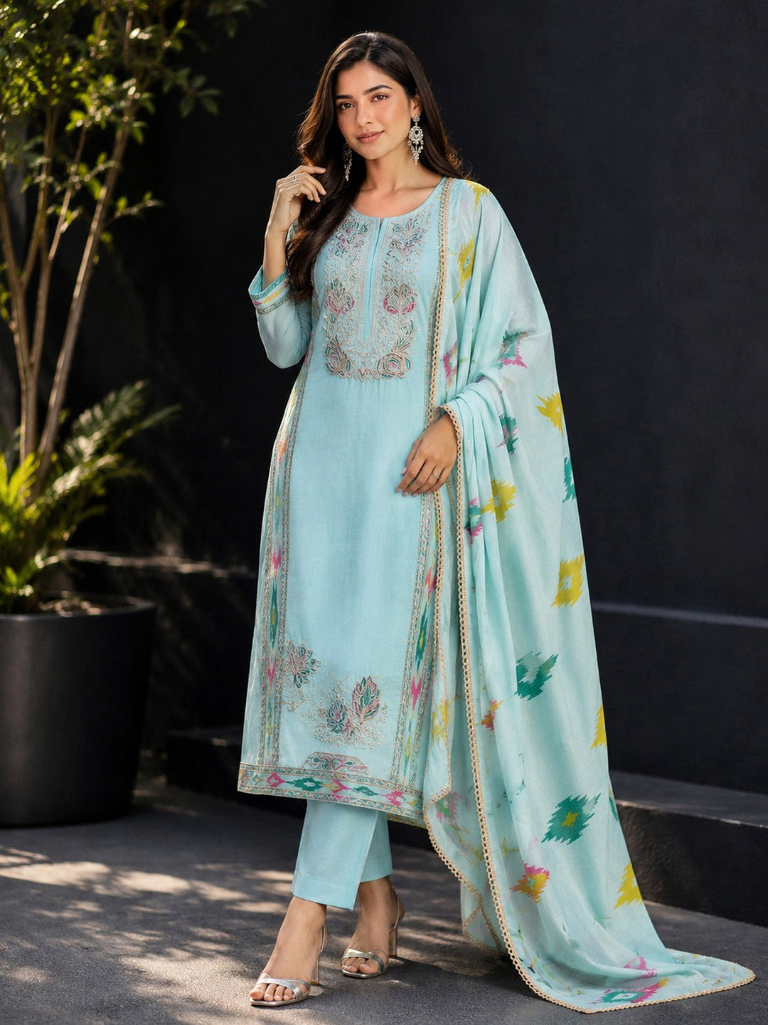 Sky-Blue Embroidery Cotton BlendKurta With Pant &amp; Dupatta