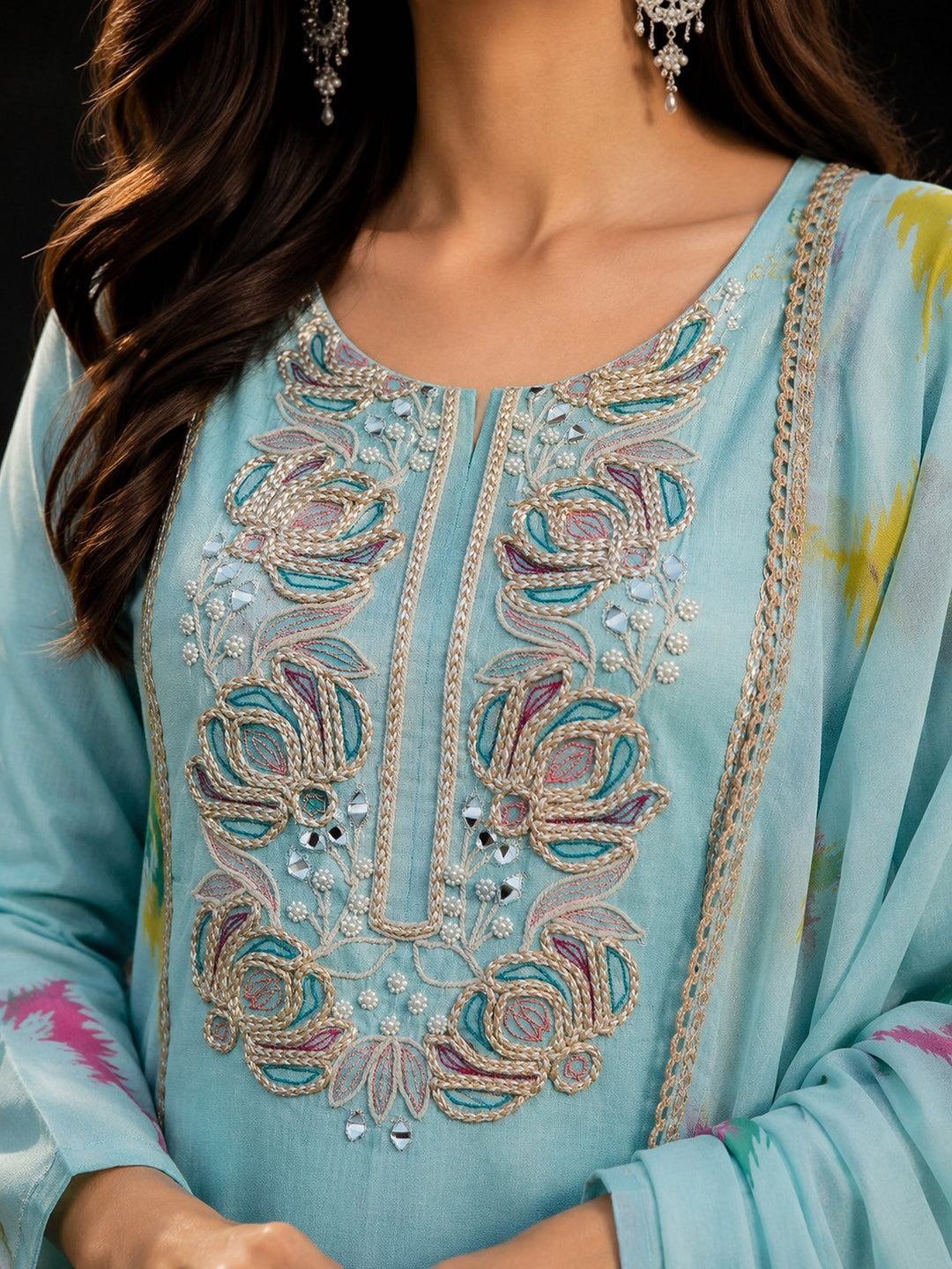 Sky-Blue Embroidery Cotton BlendKurta With Pant &amp; Dupatta