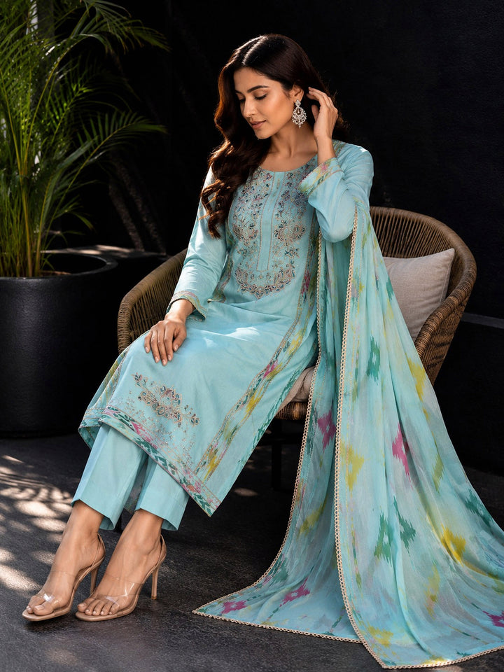 Sky-Blue Embroidery Cotton BlendKurta With Pant &amp; Dupatta