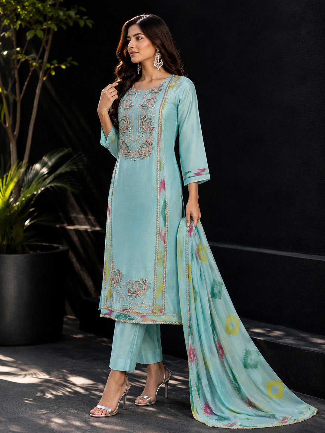 Sky-Blue Embroidery Cotton BlendKurta With Pant &amp; Dupatta