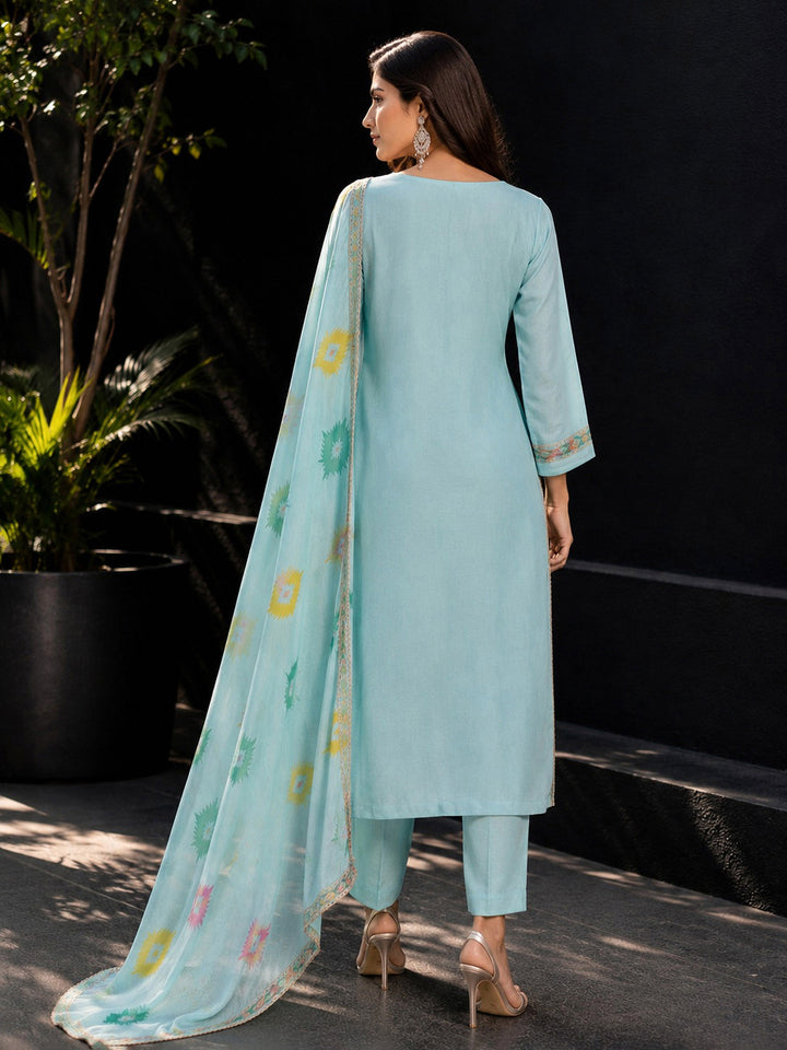 Sky-Blue Embroidery Cotton BlendKurta With Pant &amp; Dupatta
