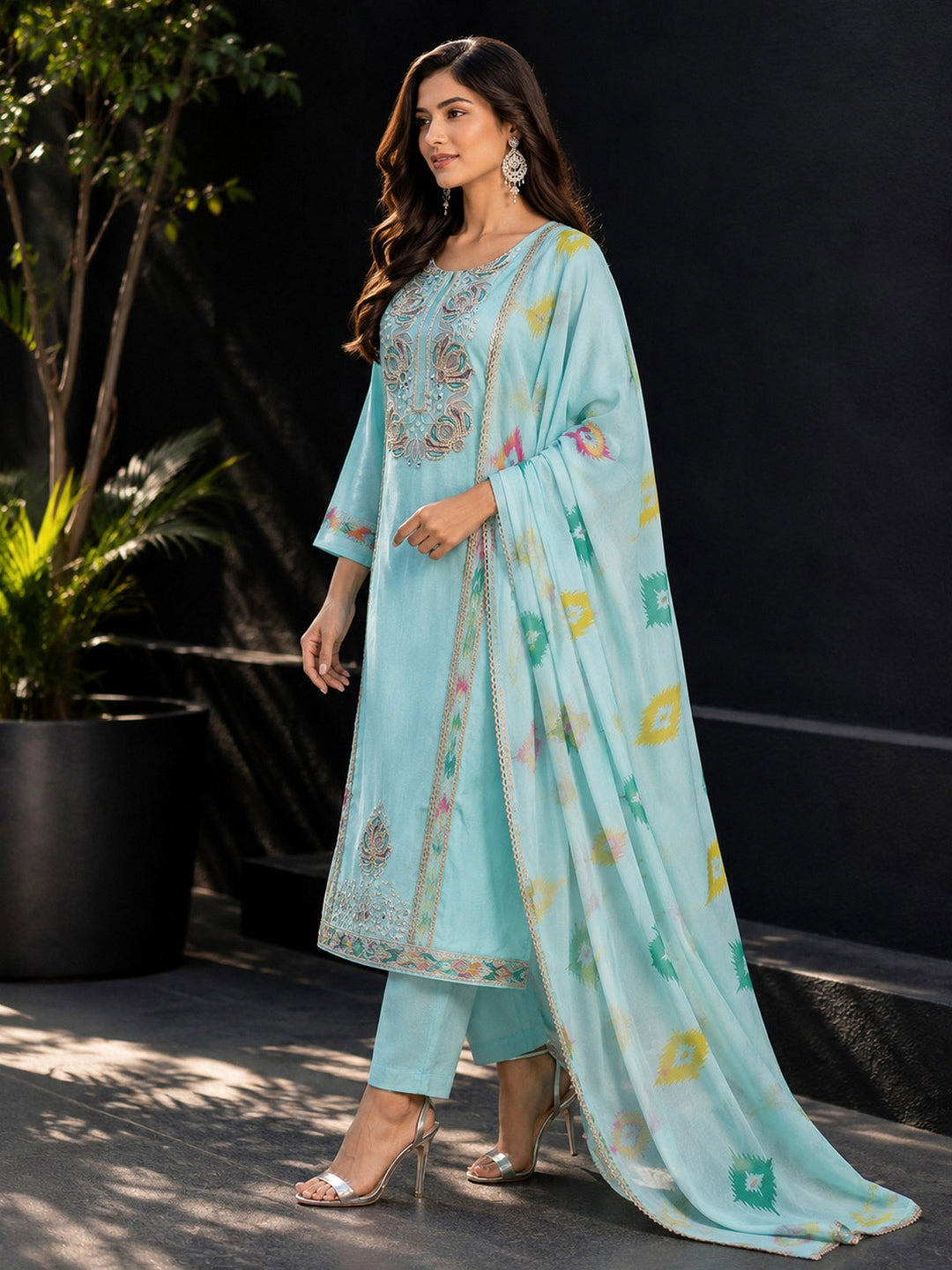 Sky-Blue Embroidery Cotton BlendKurta With Pant &amp; Dupatta