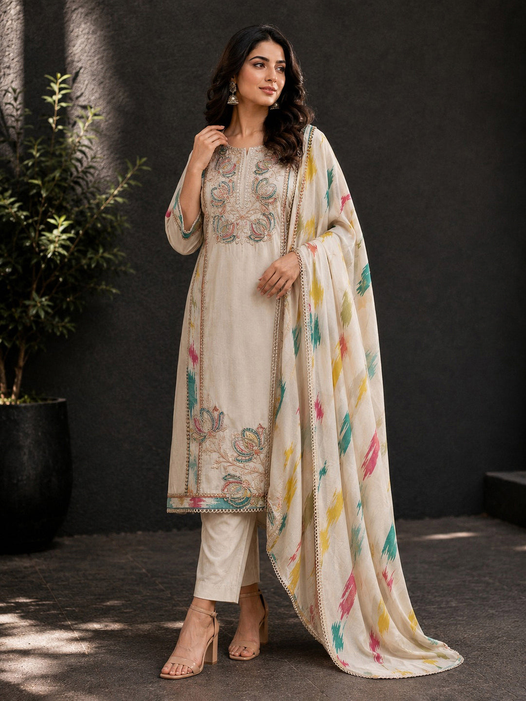 Beige Embroidery Cotton BlendKurta With Pant &amp; Dupatta