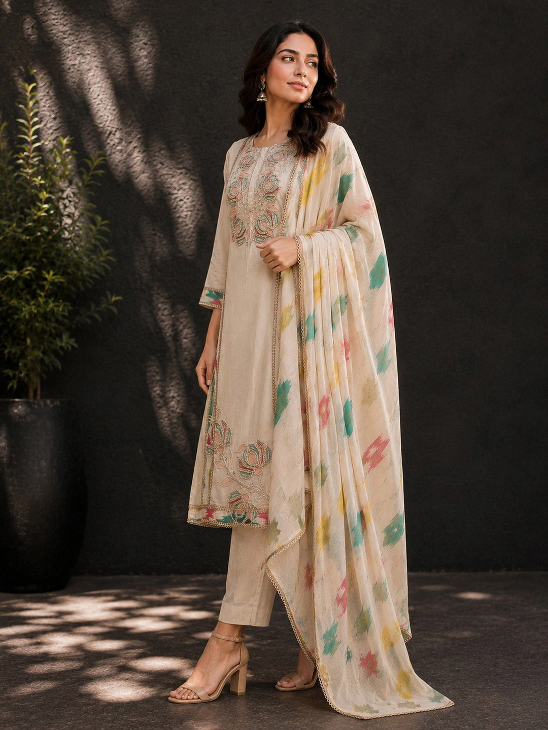 Beige Embroidery Cotton BlendKurta With Pant &amp; Dupatta