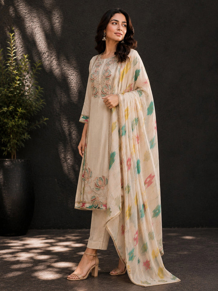Beige Embroidery Cotton BlendKurta With Pant &amp; Dupatta