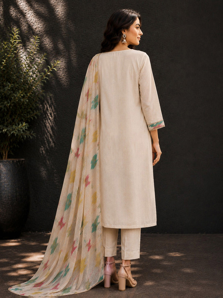 Beige Embroidery Cotton BlendKurta With Pant &amp; Dupatta