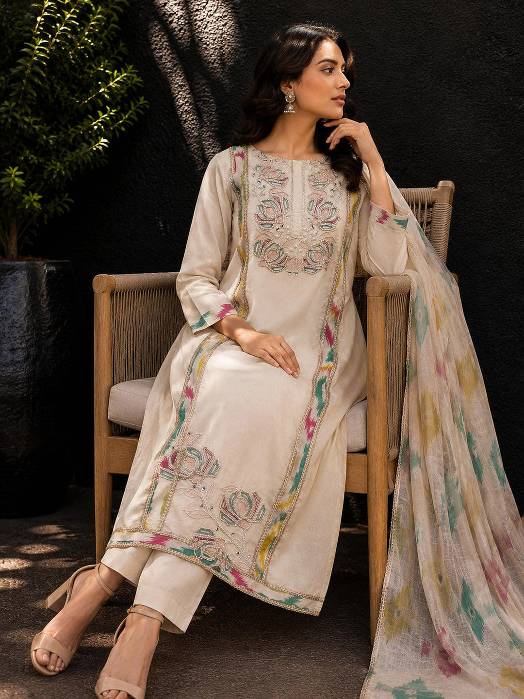 Beige Embroidery Cotton BlendKurta With Pant &amp; Dupatta
