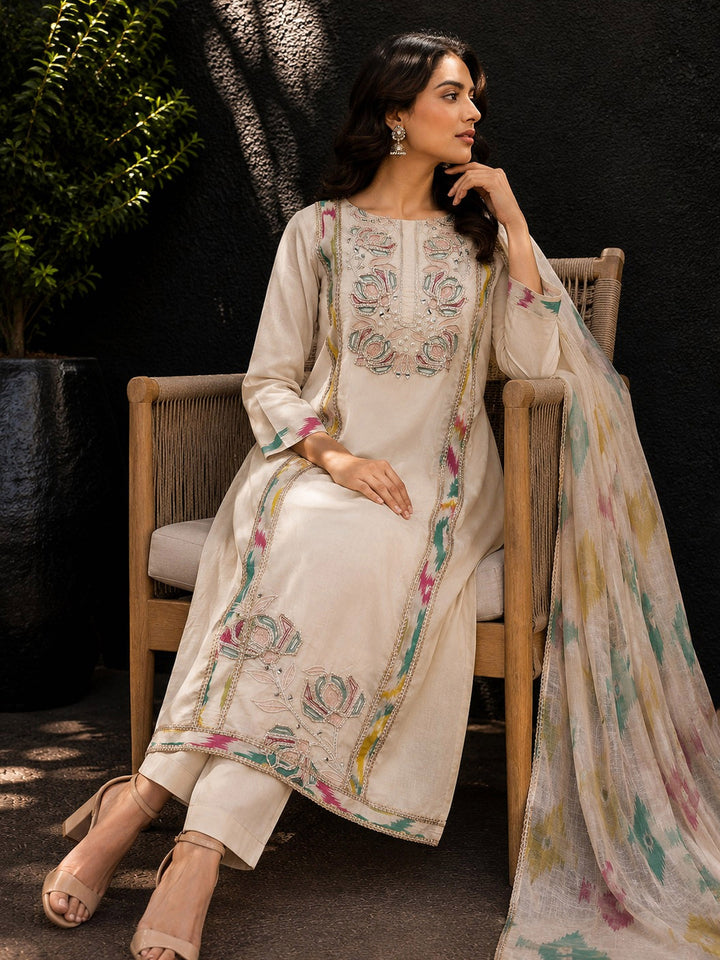 Beige Embroidery Cotton BlendKurta With Pant &amp; Dupatta