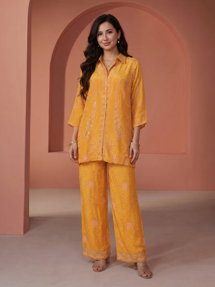 Mustard Printed Muslin V Neck Kurta Set