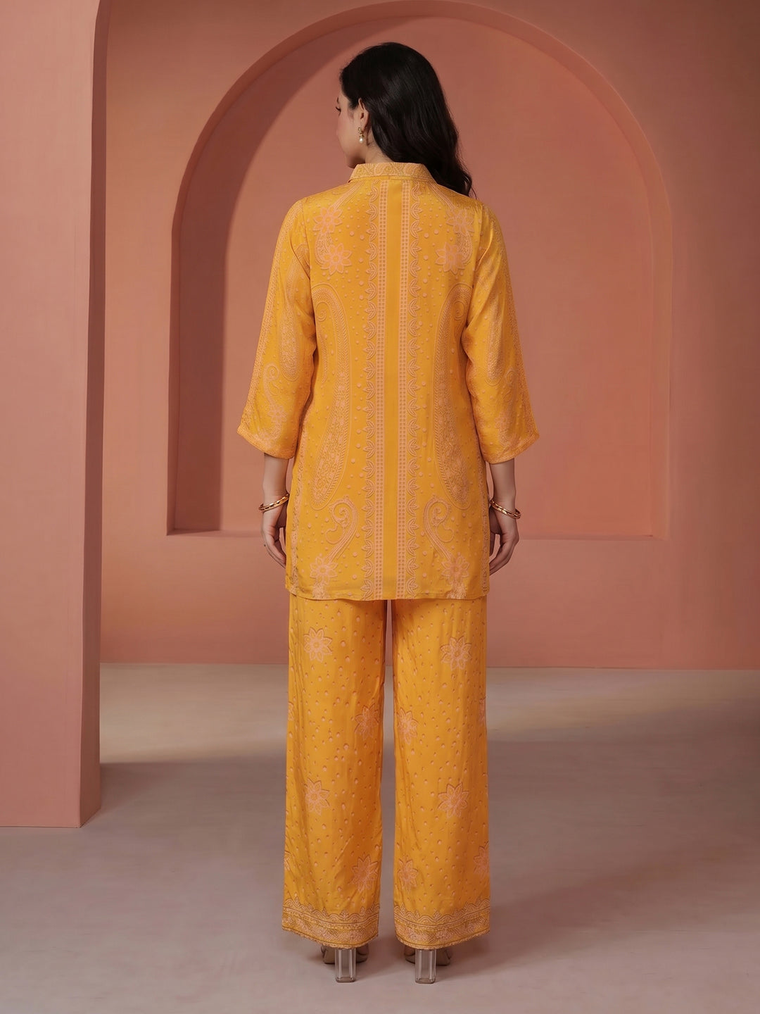 Mustard Printed Muslin V Neck Kurta Set