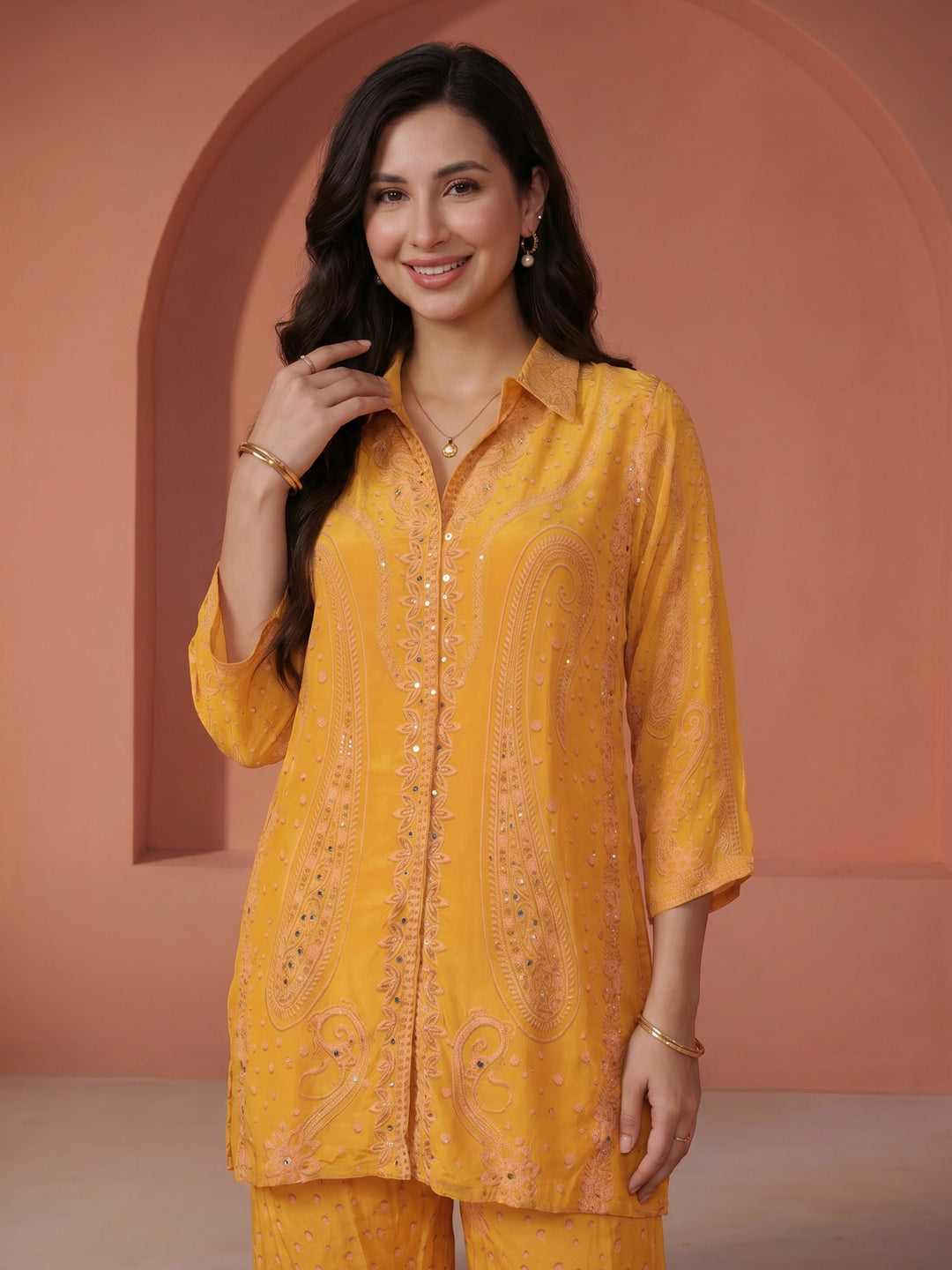 Mustard Printed Muslin V Neck Kurta Set