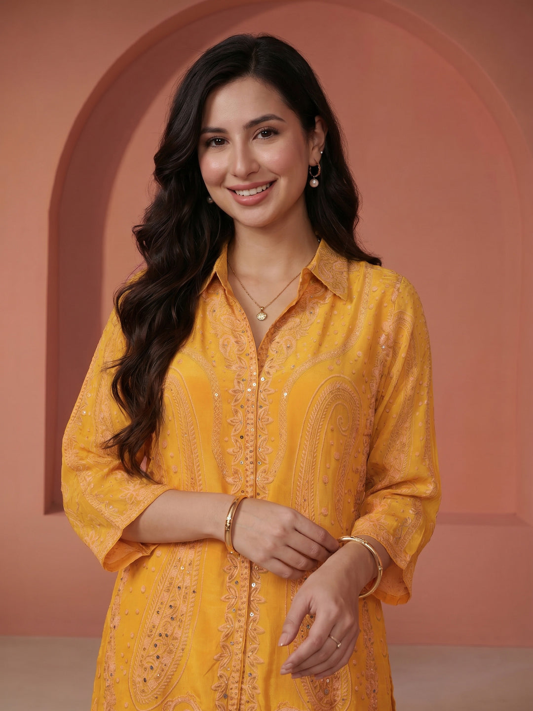 Mustard Printed Muslin V Neck Kurta Set