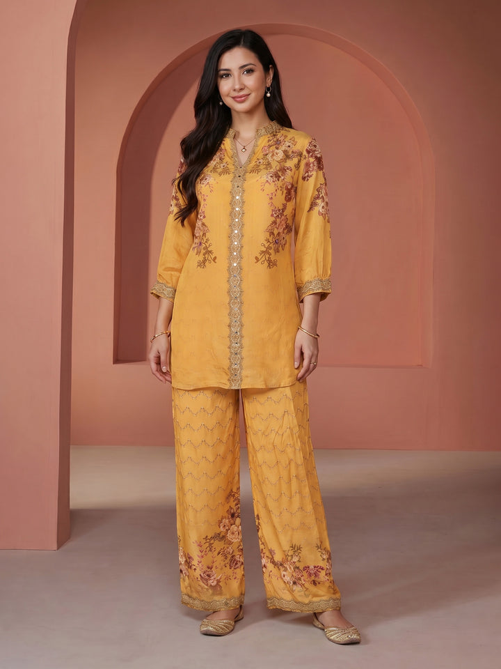 Yellow Printed Crepe V Neck Kurta Set