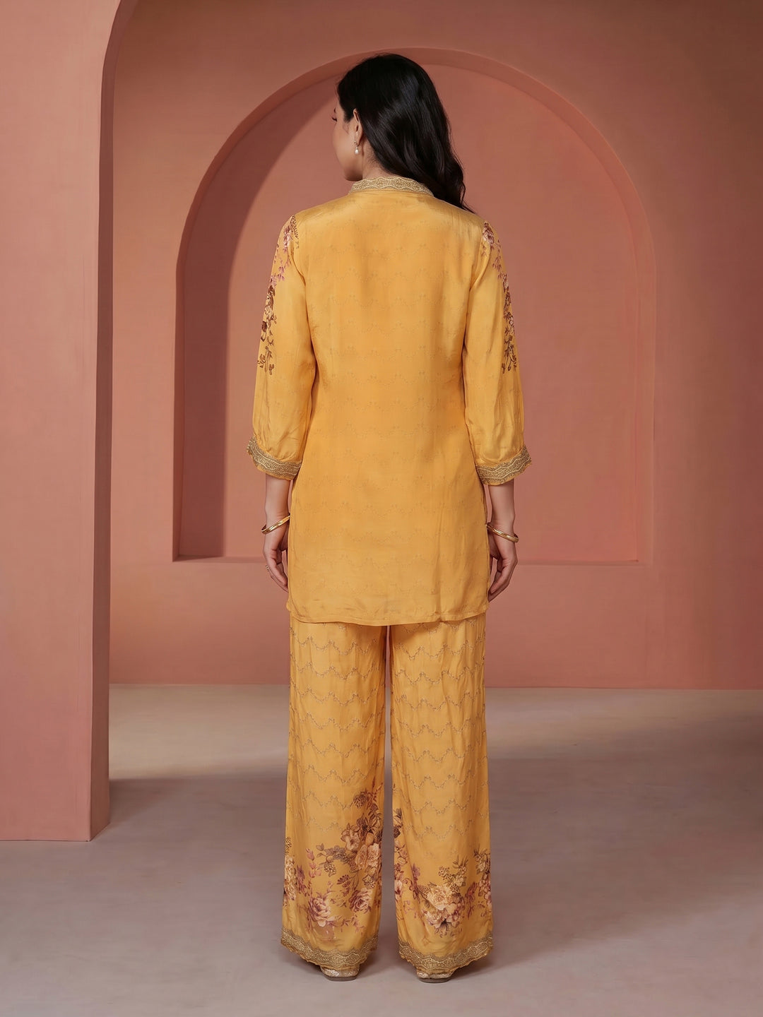 Yellow Printed Crepe V Neck Kurta Set