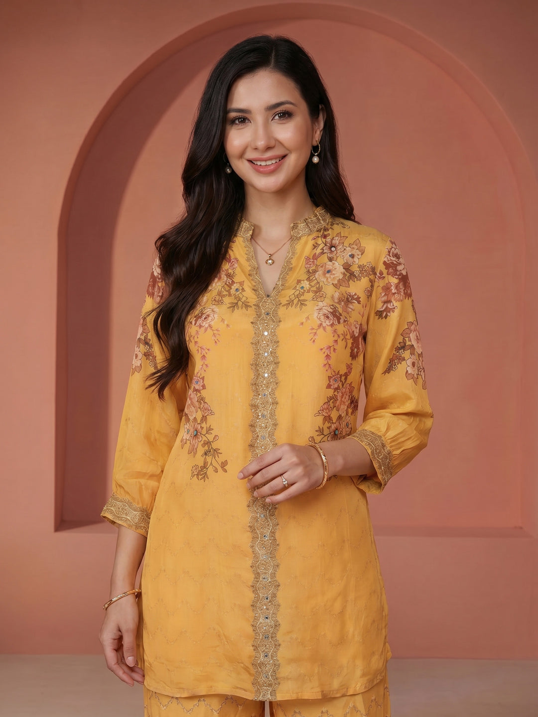 Yellow Printed Crepe V Neck Kurta Set