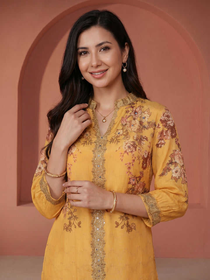 Yellow Printed Crepe V Neck Kurta Set