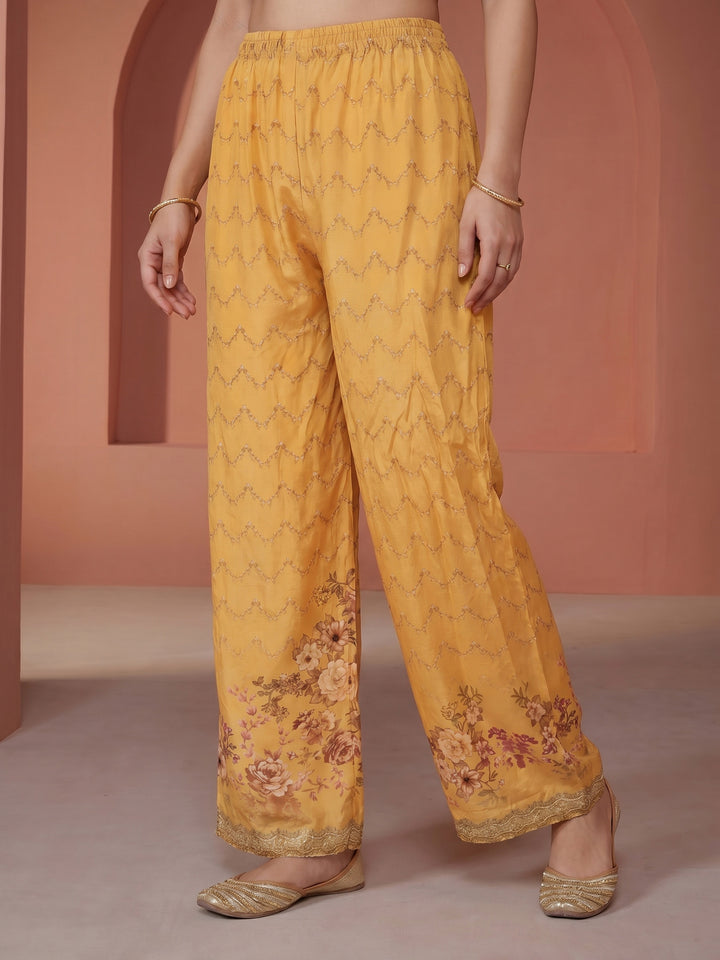 Yellow Printed Crepe V Neck Kurta Set