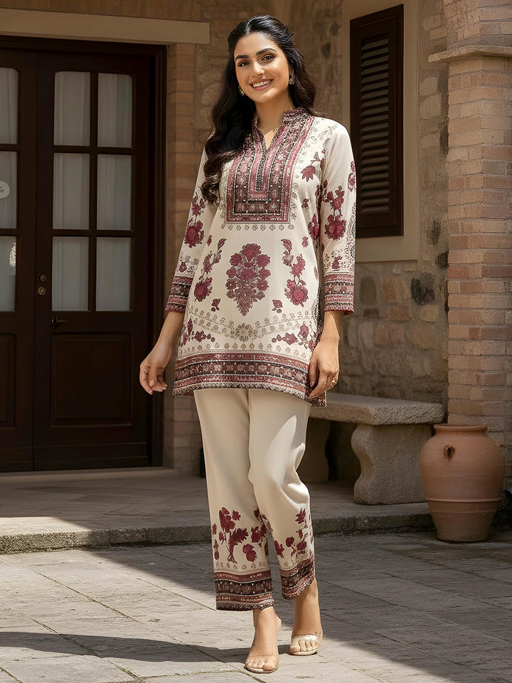 Cream Embroidered Art Silk Kurta With Pant