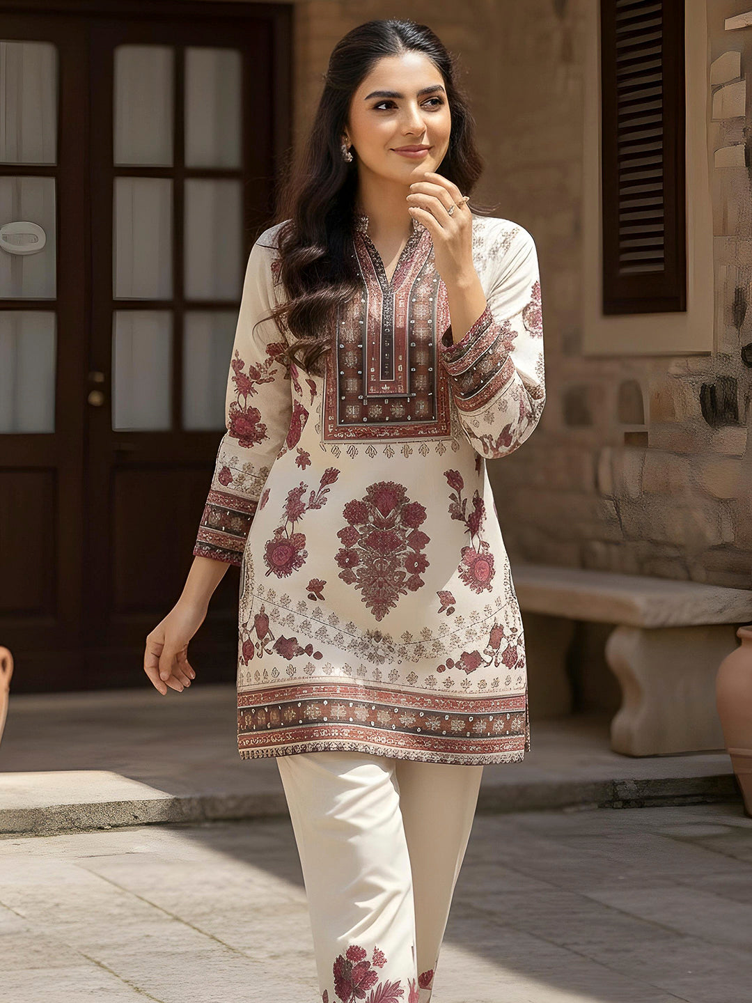 Cream Embroidered Art Silk Kurta With Pant
