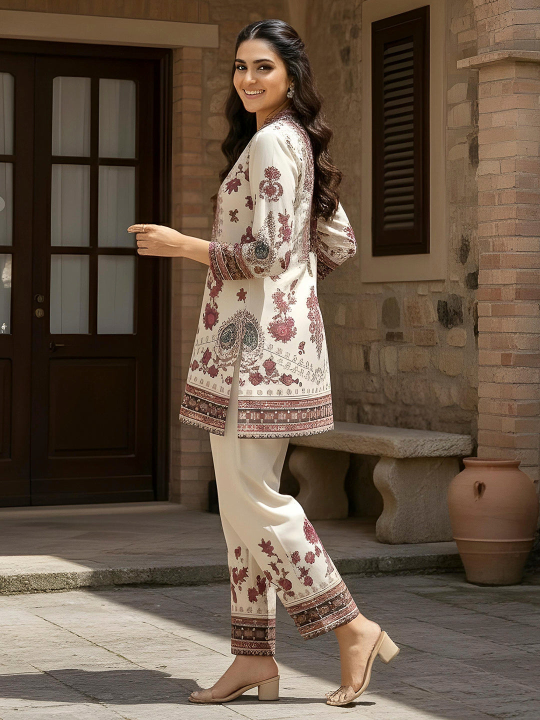 Cream Embroidered Art Silk Kurta With Pant
