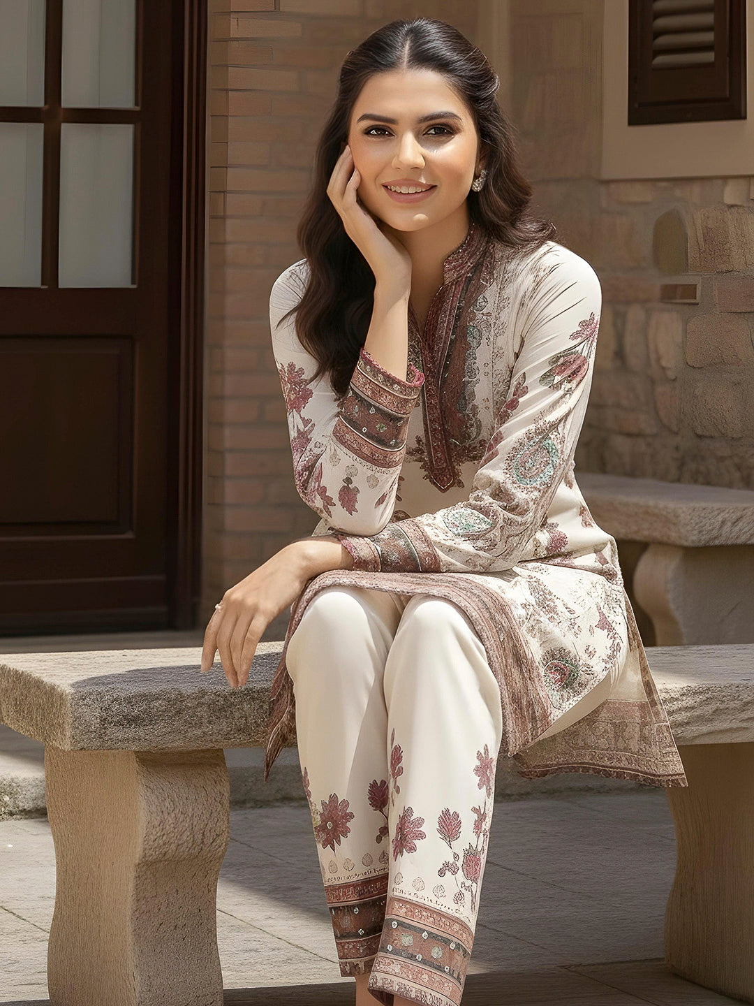 Cream Embroidered Art Silk Kurta With Pant