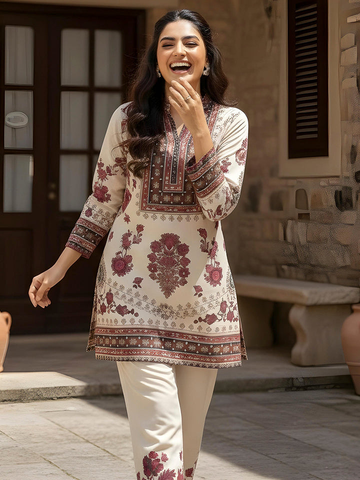 Cream Embroidered Art Silk Kurta With Pant