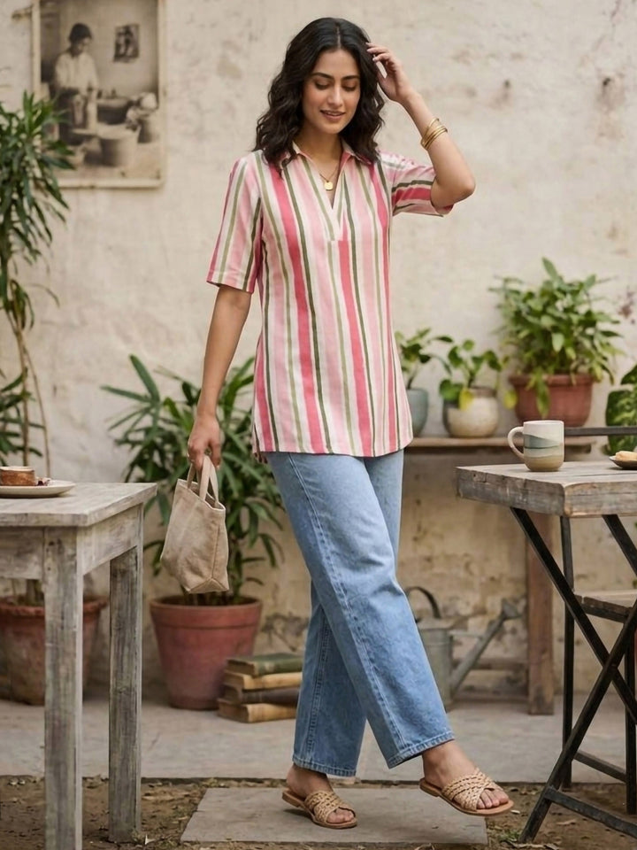 Pink Cotton Blend Printed Kurta