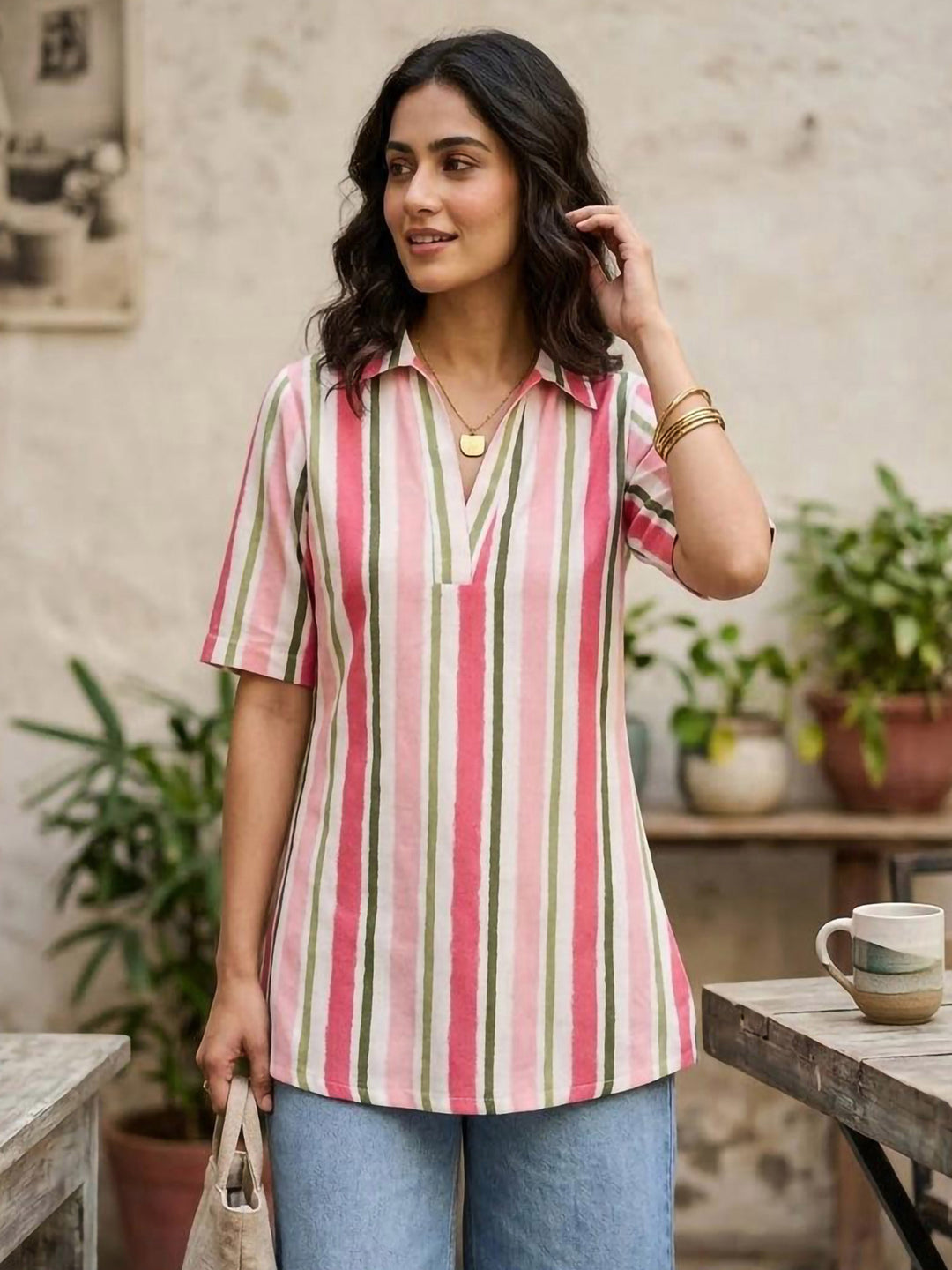 Pink Cotton Blend Printed Kurta