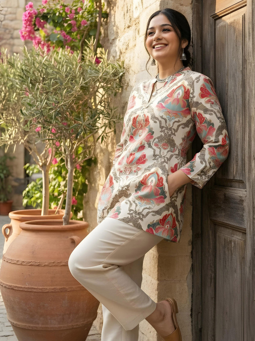Cream Cotton Blend Printed Kurta