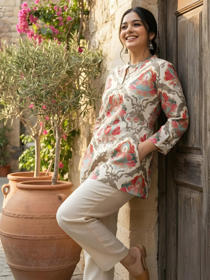 Cream Cotton Blend Printed Kurta