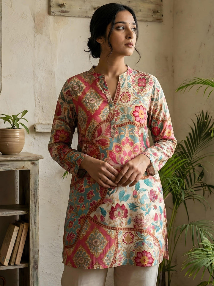 Pink Cotton Blend Printed Kurta