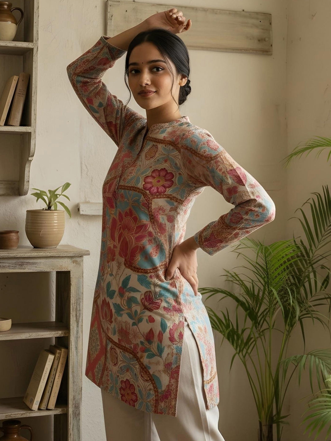 Pink Cotton Blend Printed Kurta