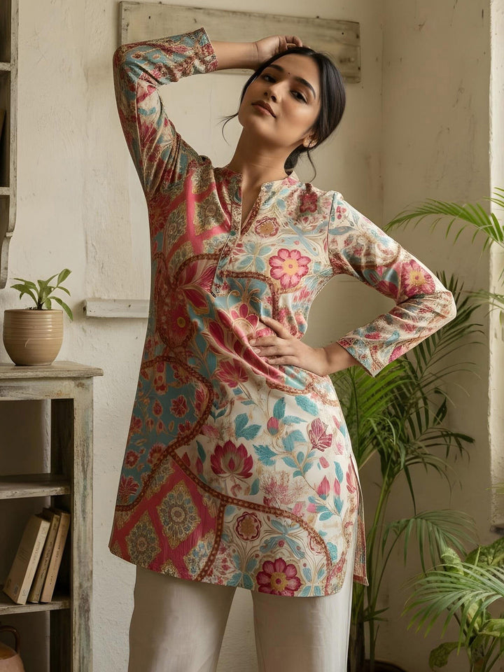 Pink Cotton Blend Printed Kurta