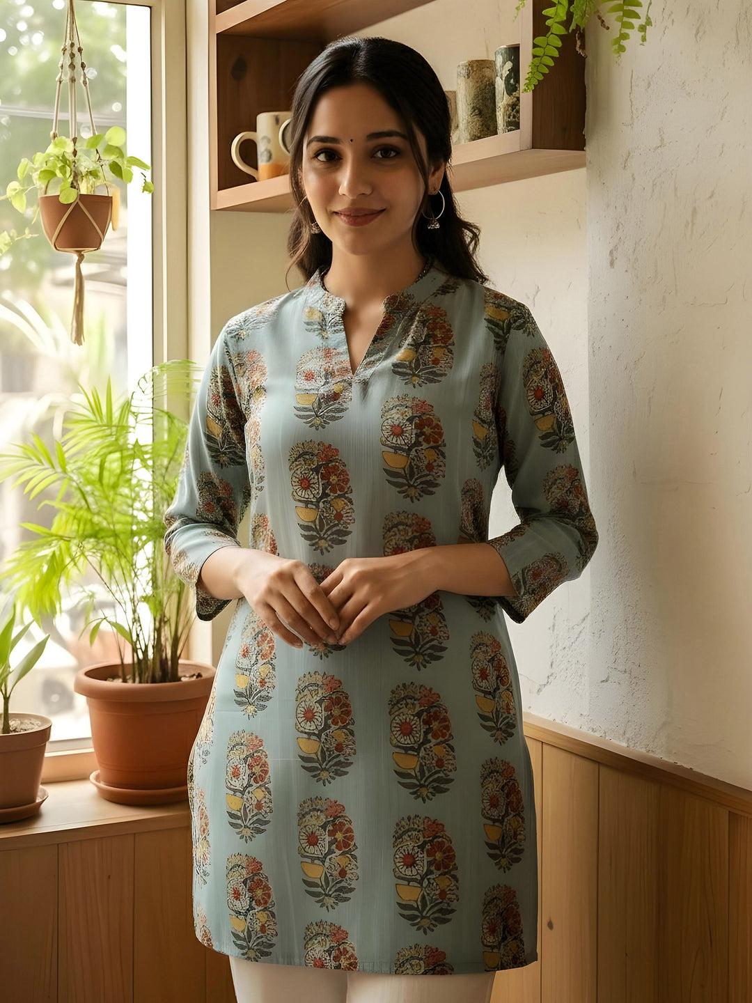 Blue Cotton Blend Printed Kurta