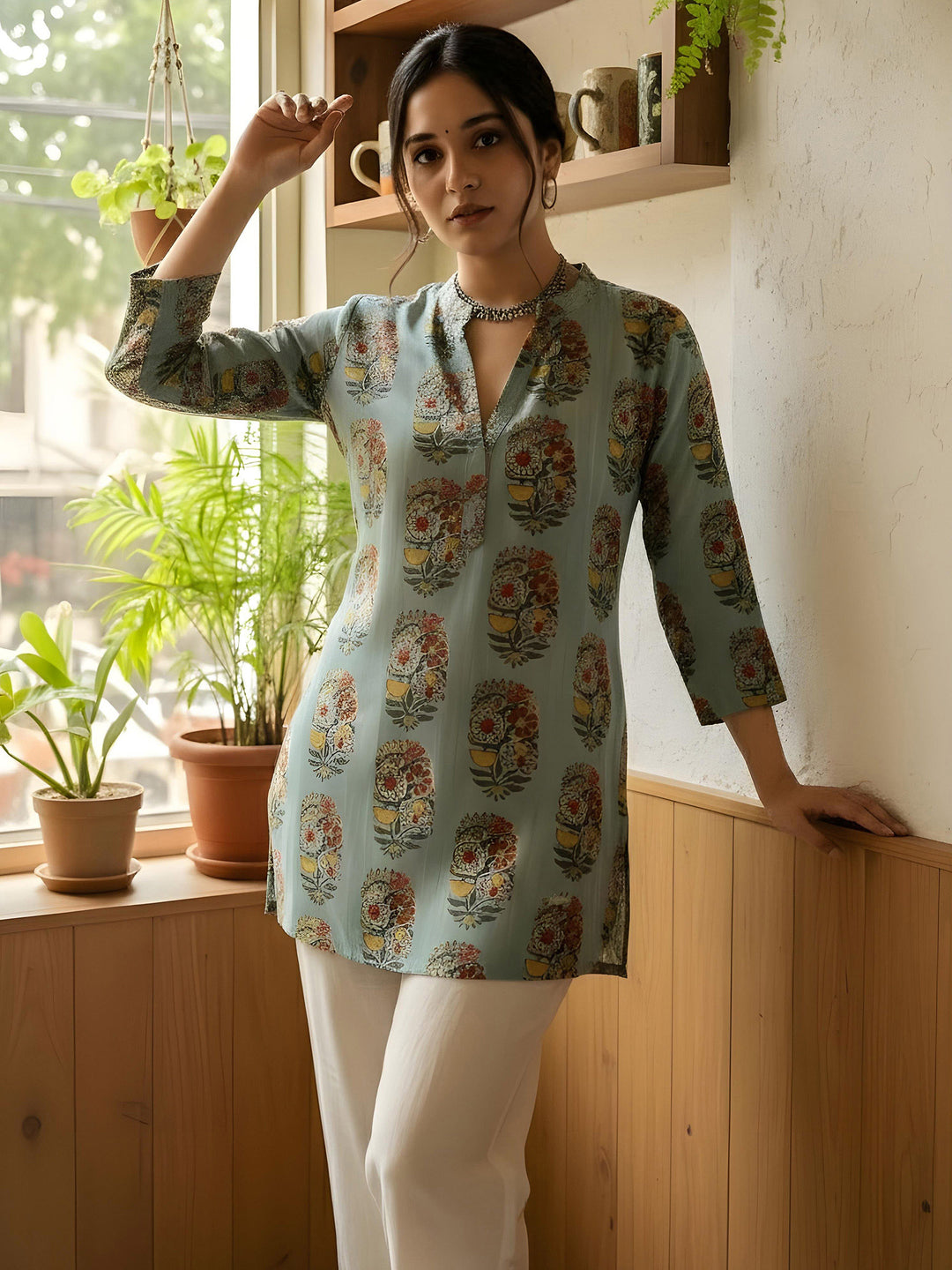 Blue Cotton Blend Printed Kurta