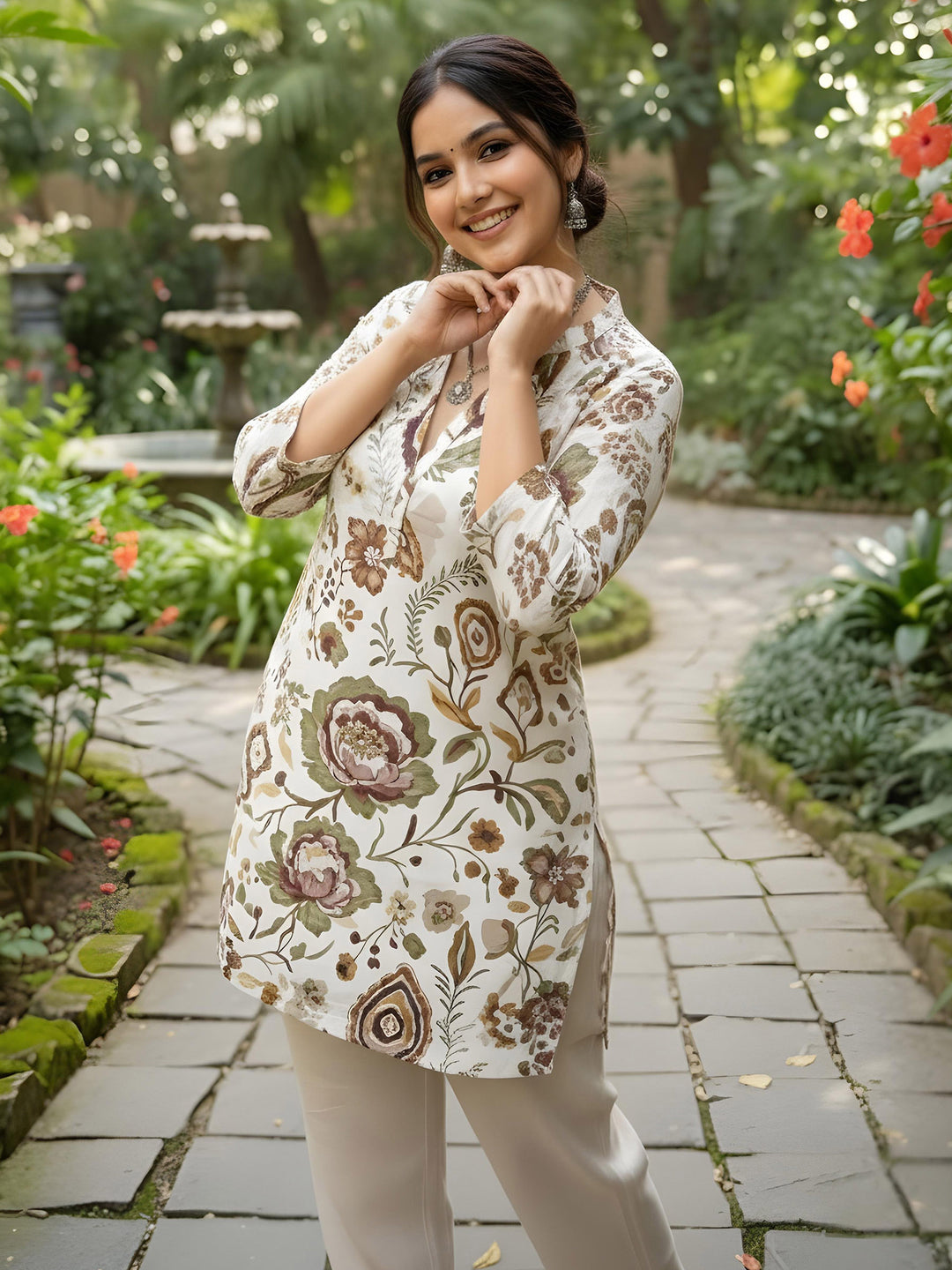 Cream Cotton Blend Printed Kurta