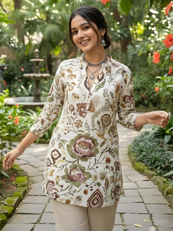 Cream Cotton Blend Printed Kurta