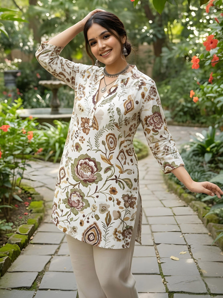 Cream Cotton Blend Printed Kurta