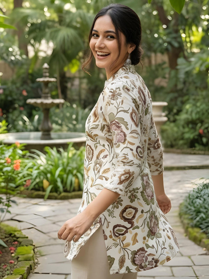 Cream Cotton Blend Printed Kurta