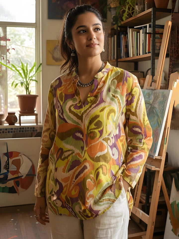 Yellow Cotton Blend Printed Kurta
