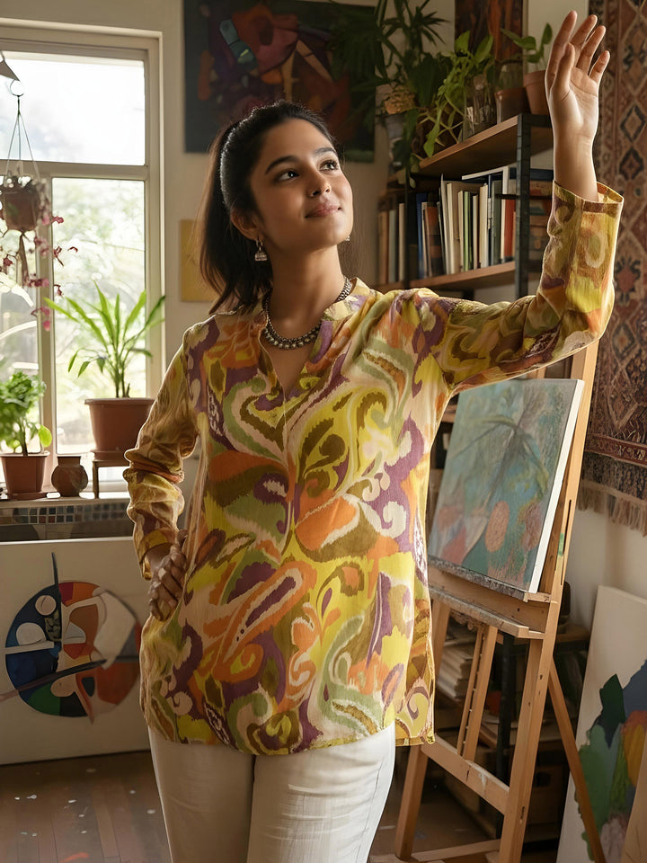 Yellow Cotton Blend Printed Kurta