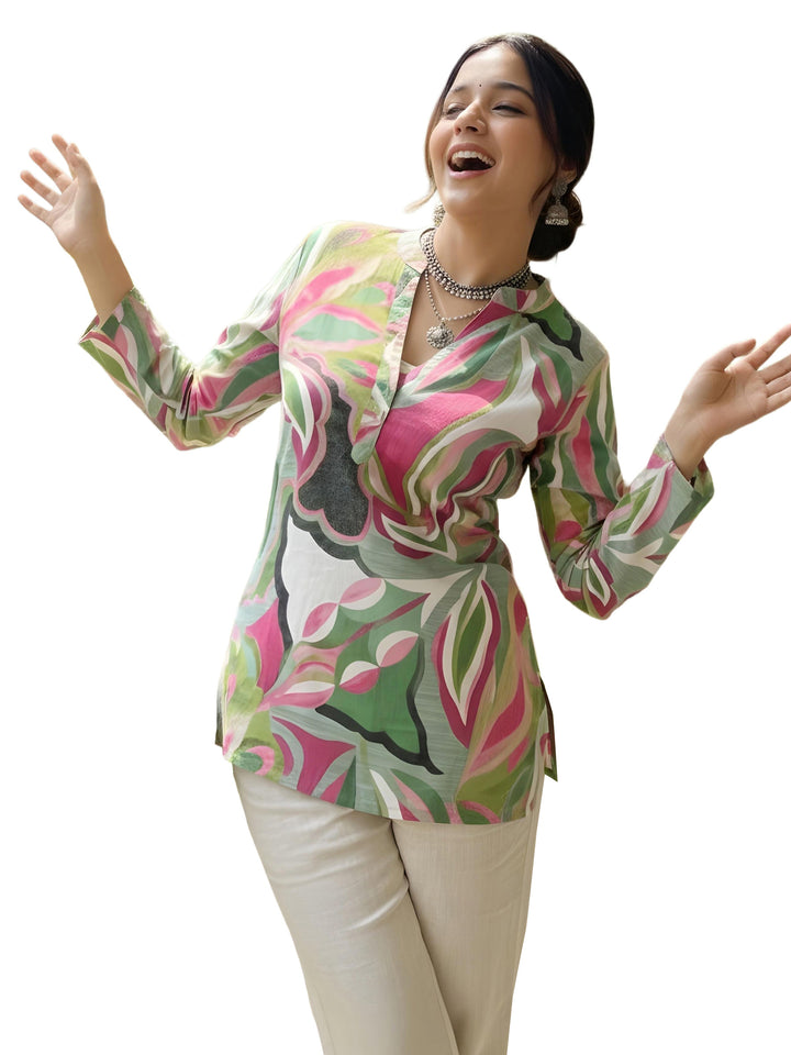 Green Cotton Blend Printed Kurta