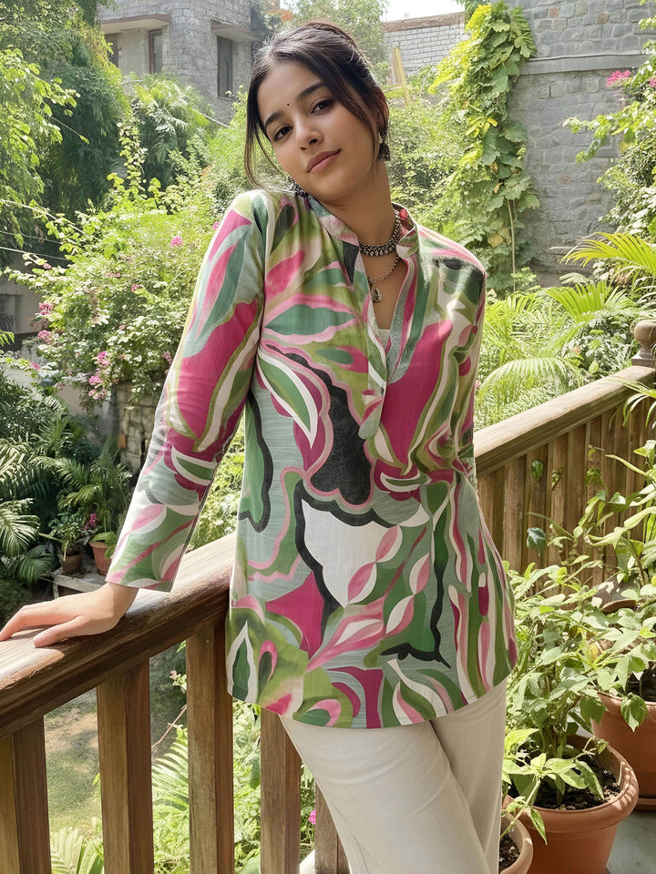 Green Cotton Blend Printed Kurta