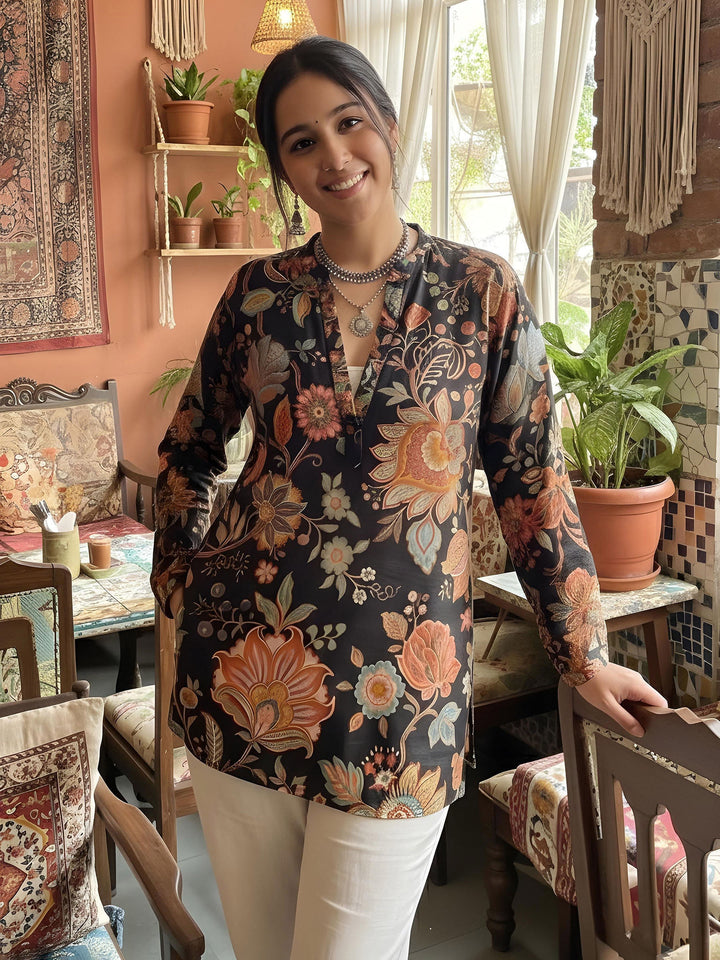 Black Cotton Blend Printed Kurta