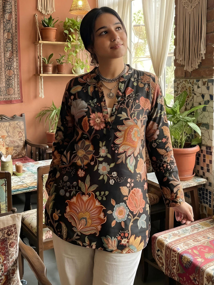 Black Cotton Blend Printed Kurta