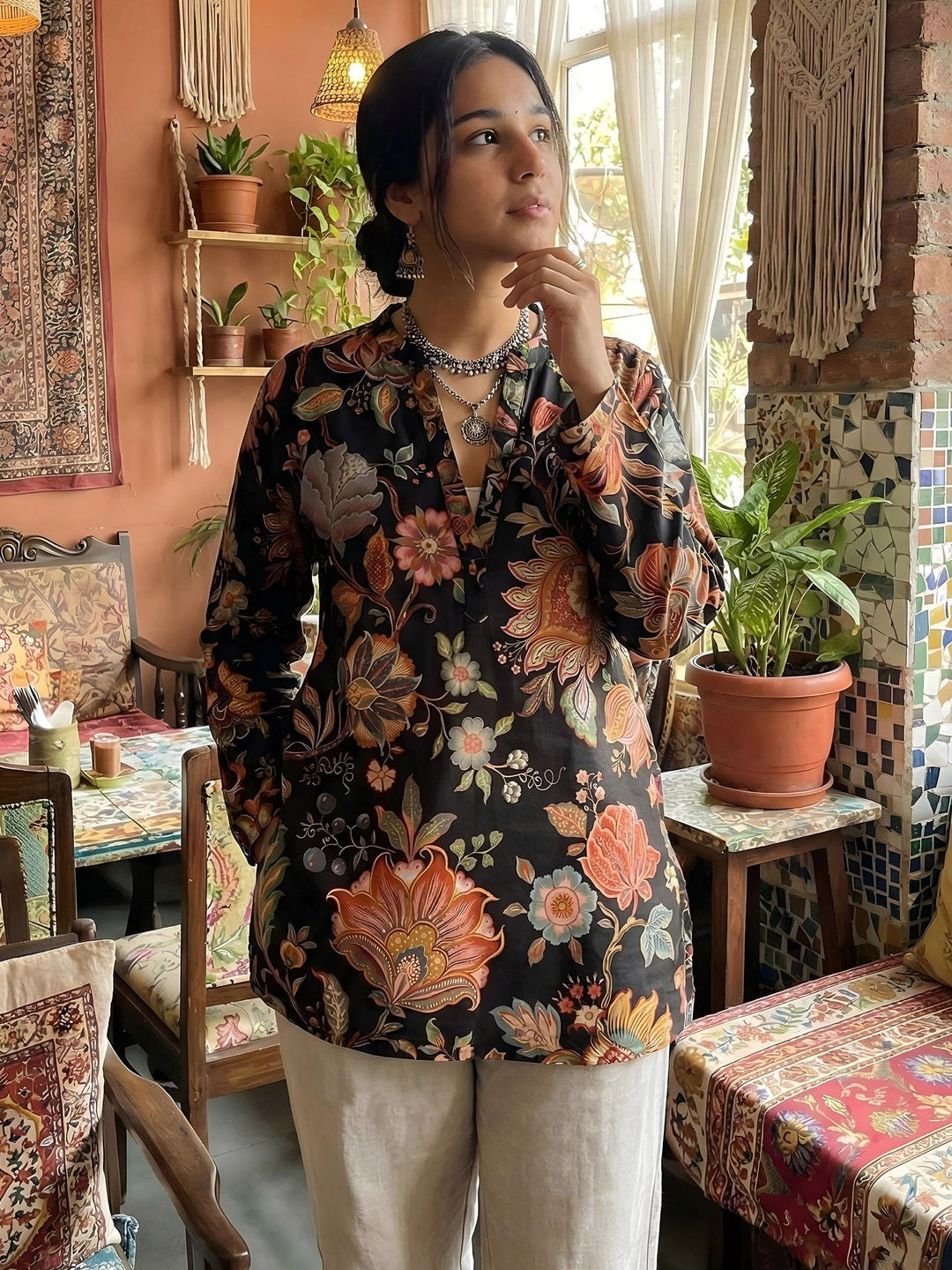 Black Cotton Blend Printed Kurta